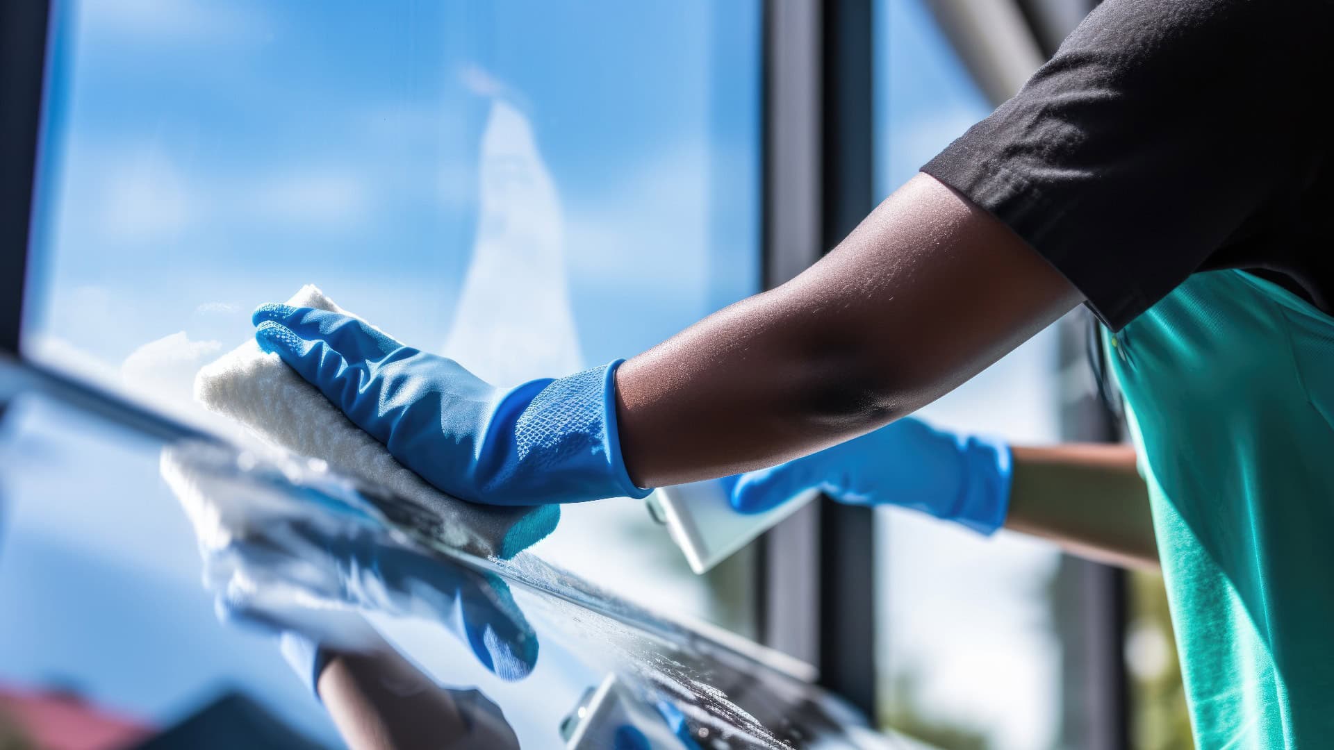 Person mit blauen Gummihandschuhen, die ein Fenster mit einem Schwamm putzt, wobei sich ein klarer blauer Himmel im Glas spiegelt